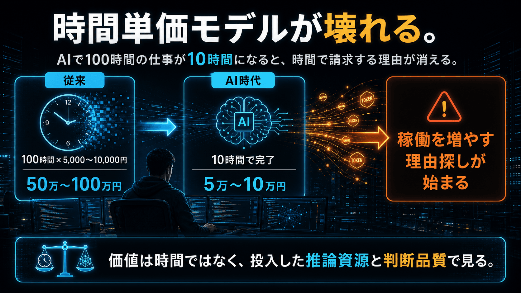 AIで100時間の仕事が10時間になり時間単価モデルが壊れる図