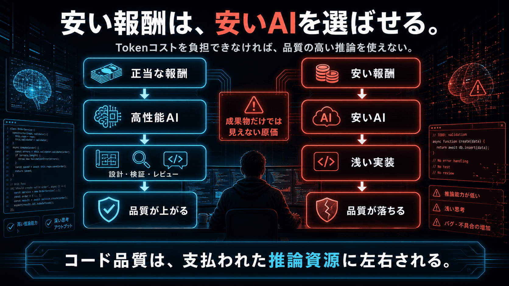 安い報酬が安いAIの利用を強いてコード品質が落ちる図