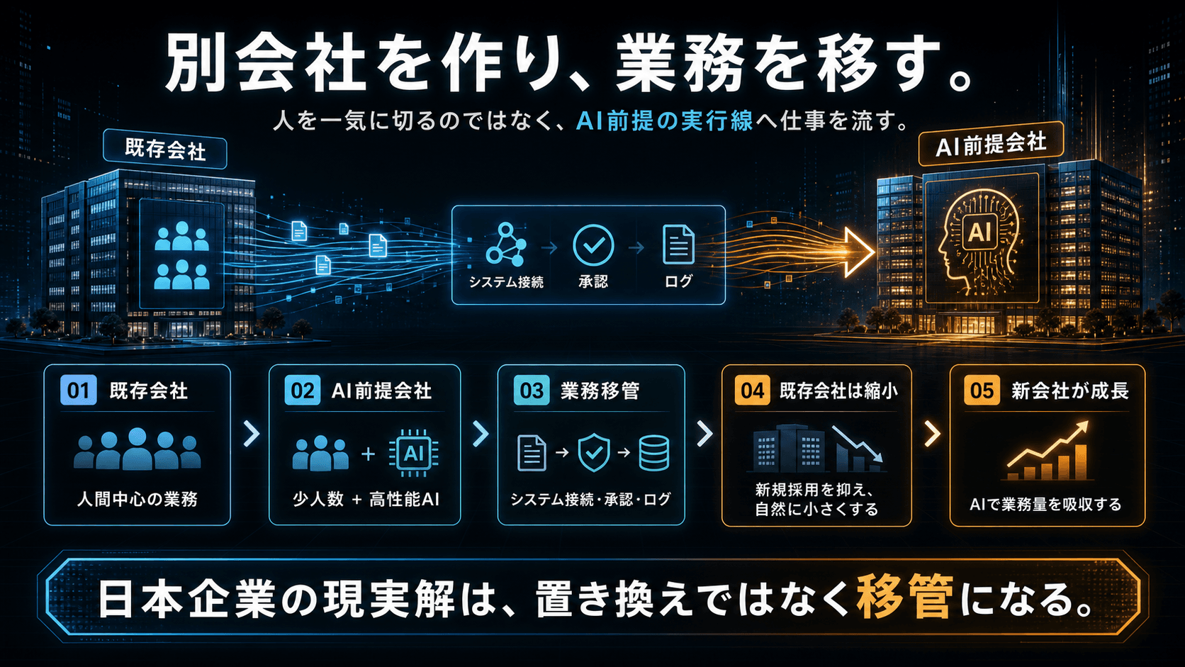 既存会社からAI前提会社へ業務を移す流れを示す図