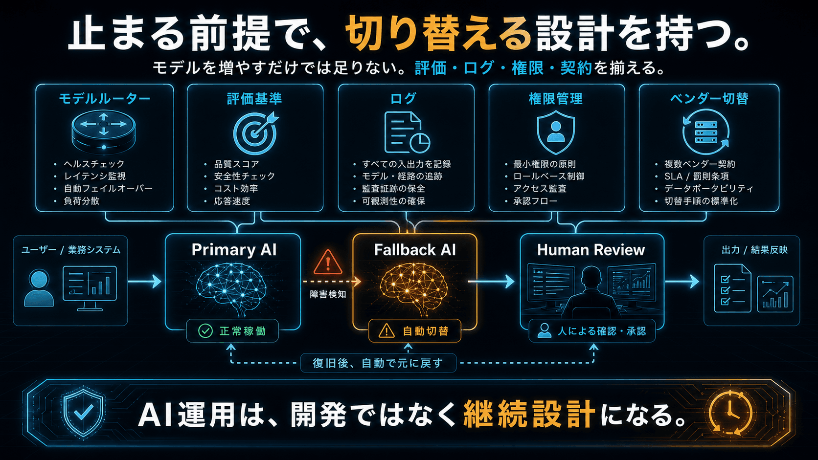 AI停止に備えるフェイルオーバー設計を示す図