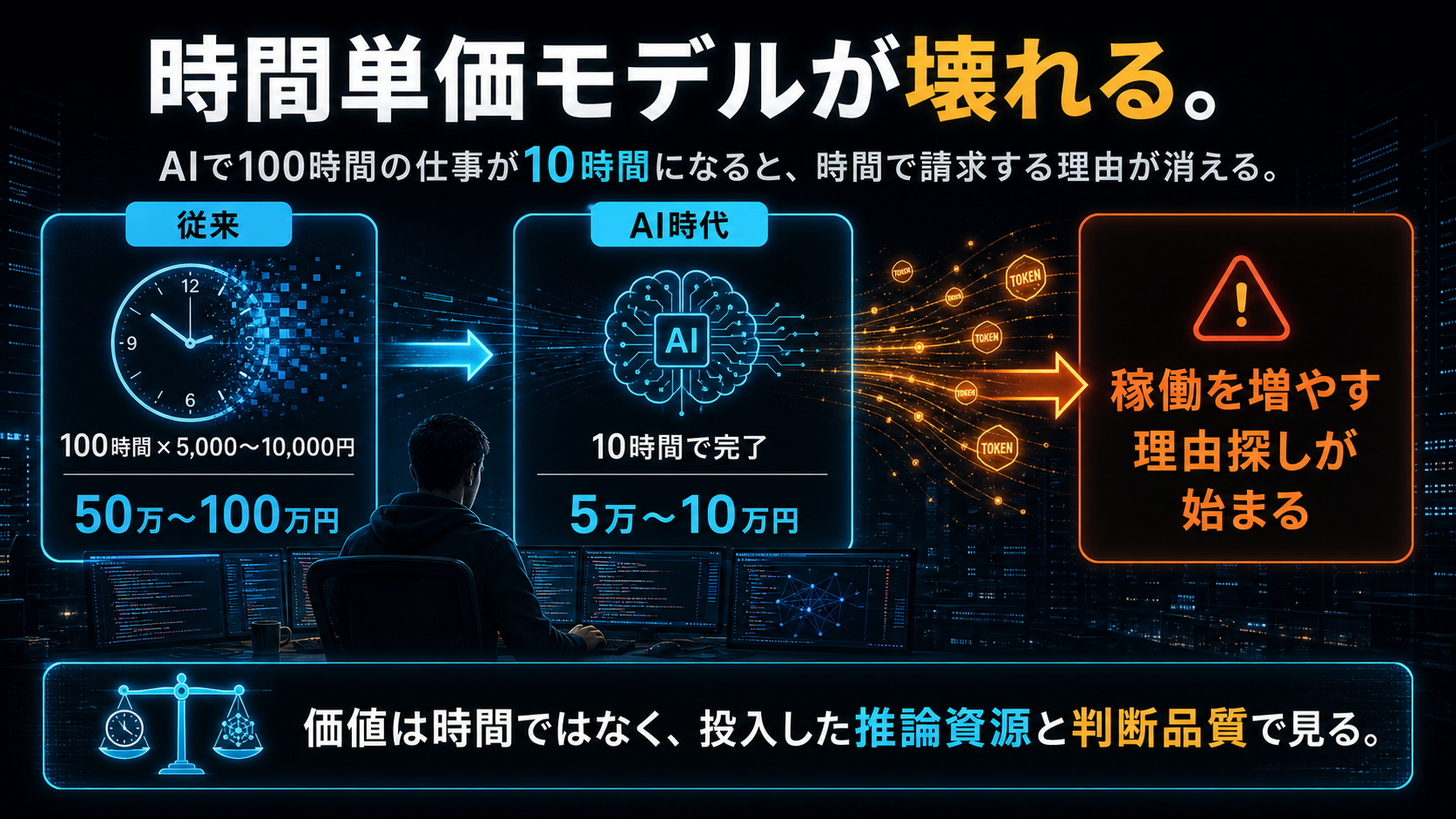 AIで100時間の仕事が10時間になり時間単価モデルが壊れる図