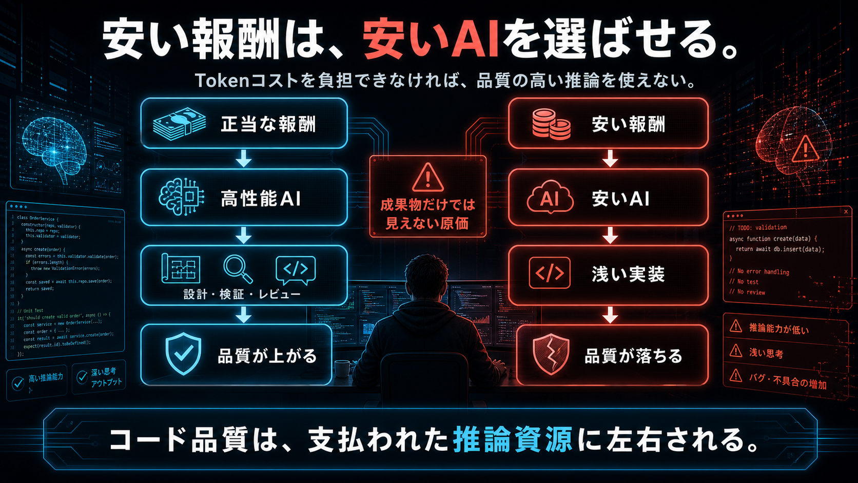 安い報酬が安いAIの利用を強いてコード品質が落ちる図