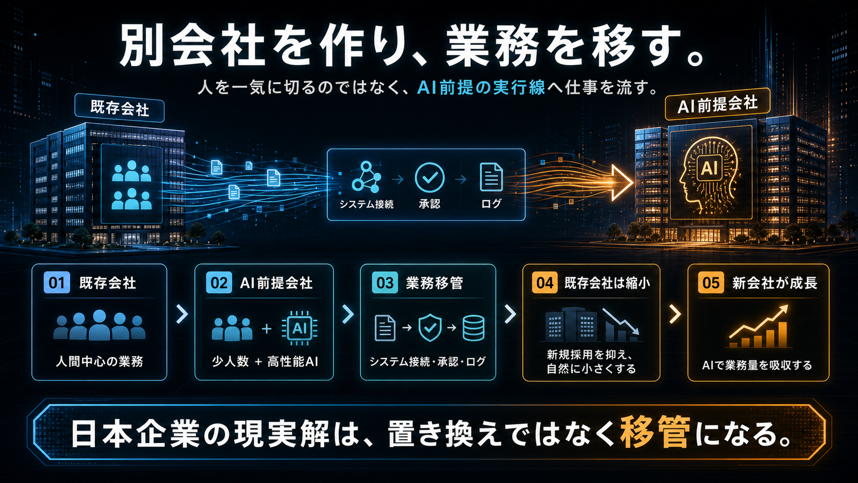 既存会社からAI前提会社へ業務を移す流れを示す図